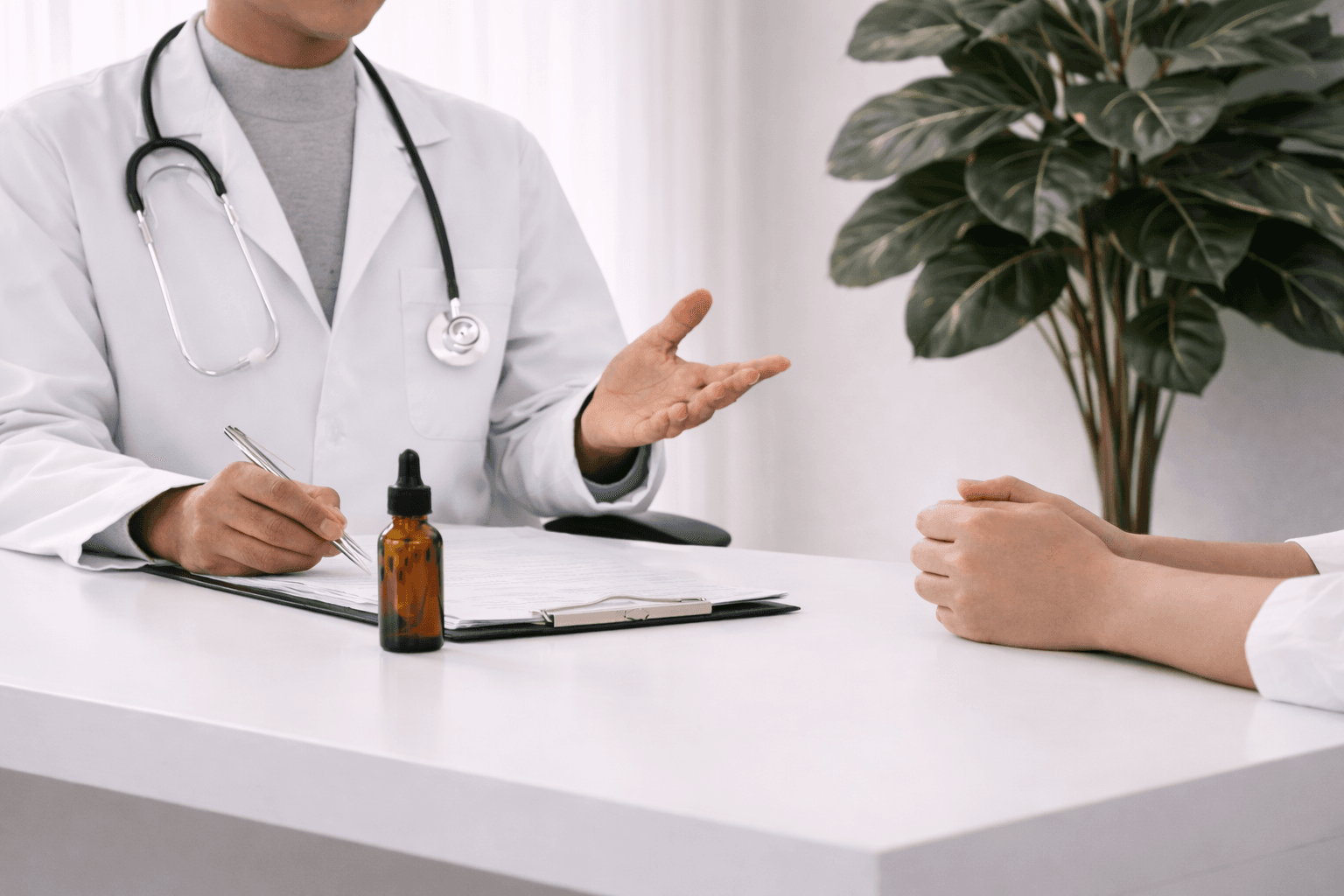 Profissional de saúde em consultório médico estruturado para atendimento com CBD